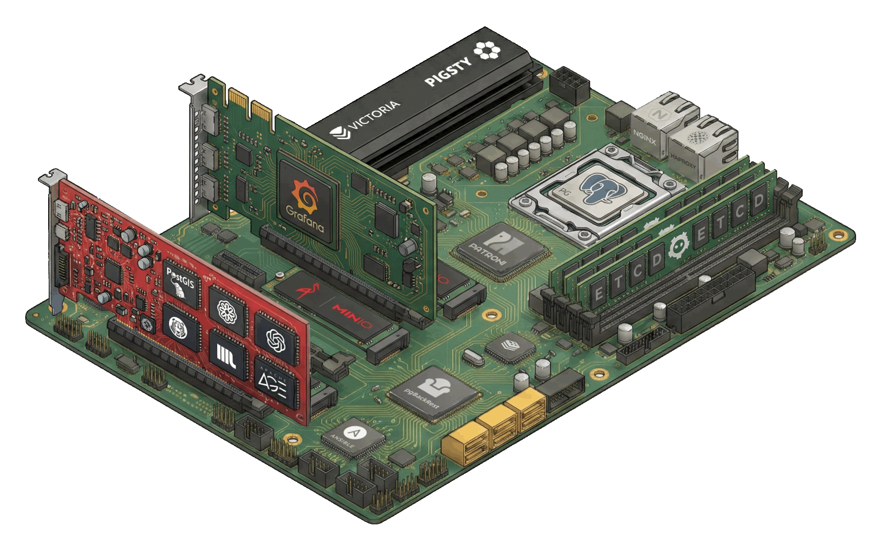 Pigsty architecture board: PostgreSQL kernel, etcd, Grafana, extensions and backup components